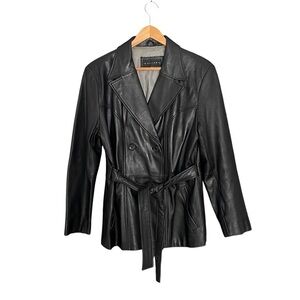 GALLERY Leather Double Breasted Trench Jacket Black L